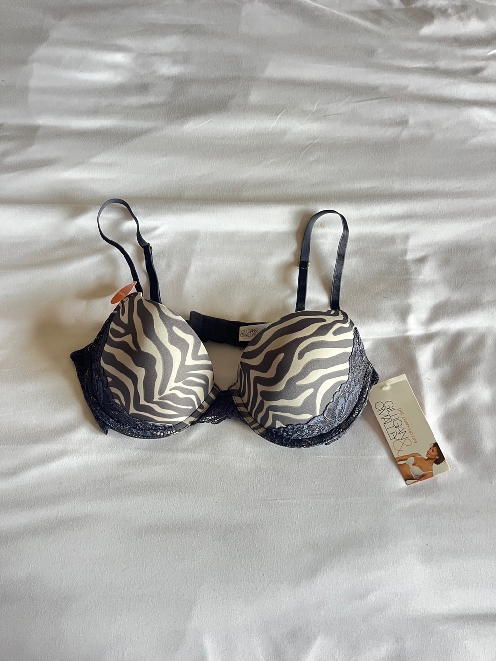 Gilligan & O'Malley Zebra Print Lace Gel Push-Up Bra Grey Tint Black Lace 36B